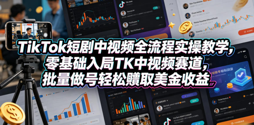 TikTok短剧中视频全流程实操教学,零基础入局TK中视频赛道,批量做号轻松賺取美金收益-紫橙资源网