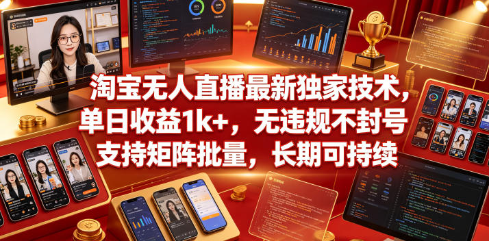 淘宝无人直播最新独家技术,单日收益1k+,无违规不封号,支持矩阵批量,长期可持续-紫橙资源网
