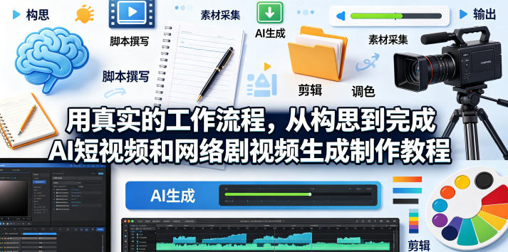 用真实的工作流程,从构思到完成AI短视频和网络剧视频生成制作教程-中英字幕-紫橙资源网