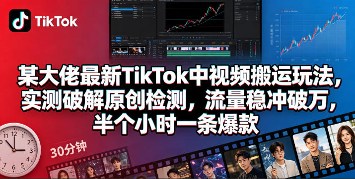 某大佬最新TikTok中视频搬运玩法,实测破解原创检测,流量稳冲破万,半个小时一条爆款-紫橙资源网