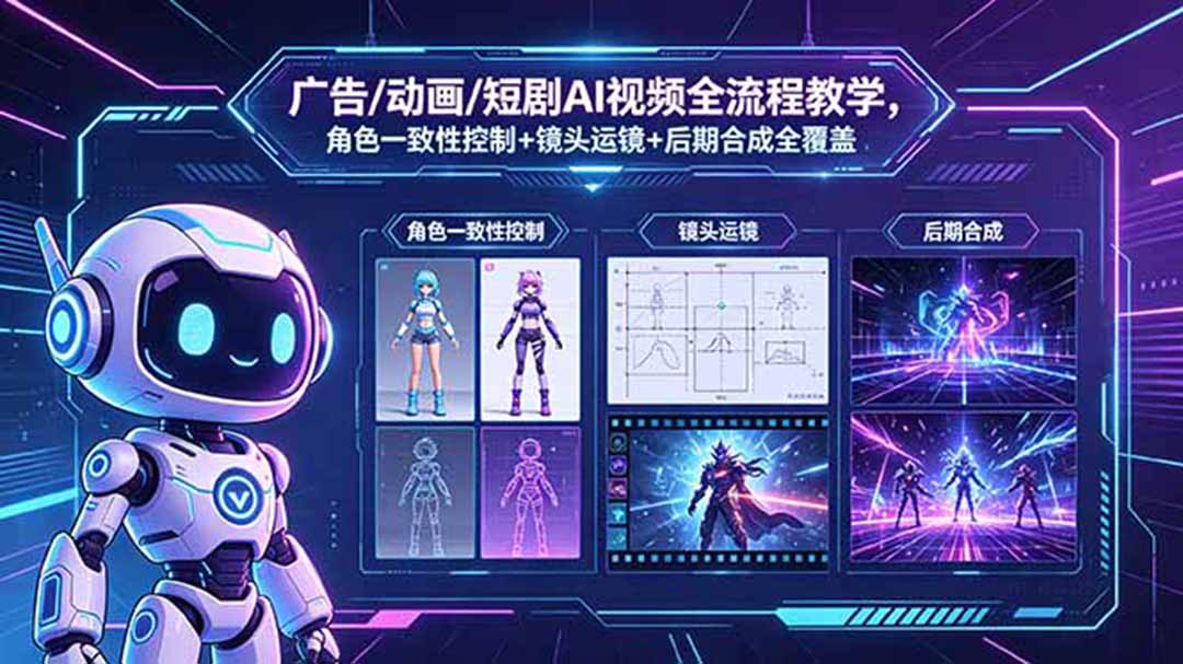 广告/动画/短剧AI视频全流程教学,角色一致性控制+镜头运镜+后期合成全覆盖-紫橙资源网