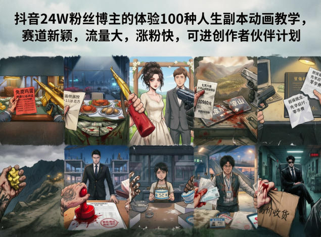 抖音24W粉丝博主的体验100种人生副本动画教学，赛道新颖，流量大，涨粉快，可进创作者伙伴计划-紫橙资源网