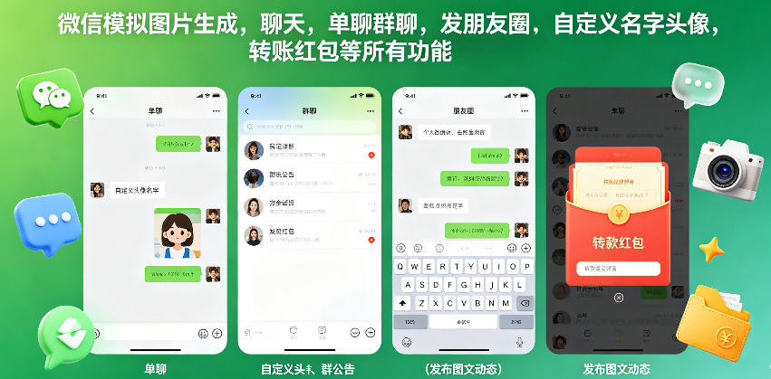 微信模拟图片生成，聊天，单聊群聊，发朋友圈，自定义名字头像，转账红包等所有功能都可以生成-紫橙资源网