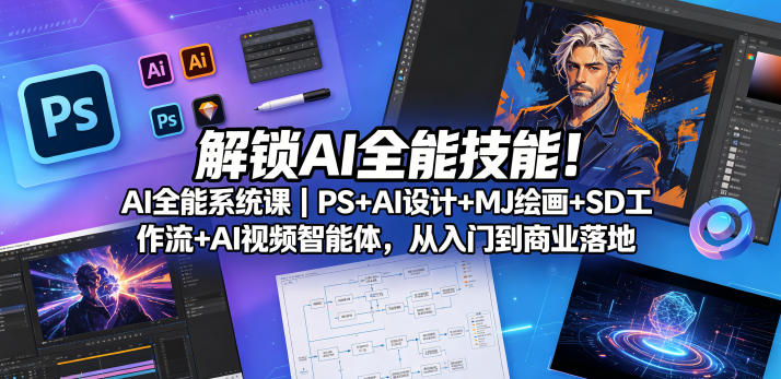 解锁AI全能技能！AI全能系统课｜PS+AI设计+MJ绘画+SD工作流+AI视频智能体，从入门到商业落地-紫橙资源网