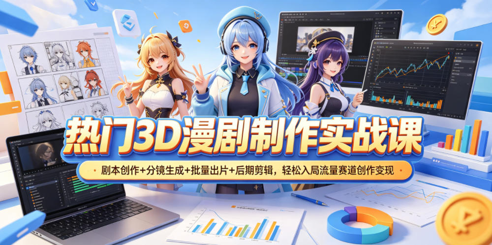 热门3D漫剧制作实战课,剧本创作+分镜生成+批量出片+后期剪辑,轻松入局流量赛道创作变现-紫橙资源网