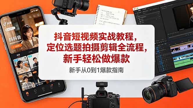 抖音短视频实战教程,定位选题拍摄剪辑全流程,新手轻松做爆款-紫橙资源网