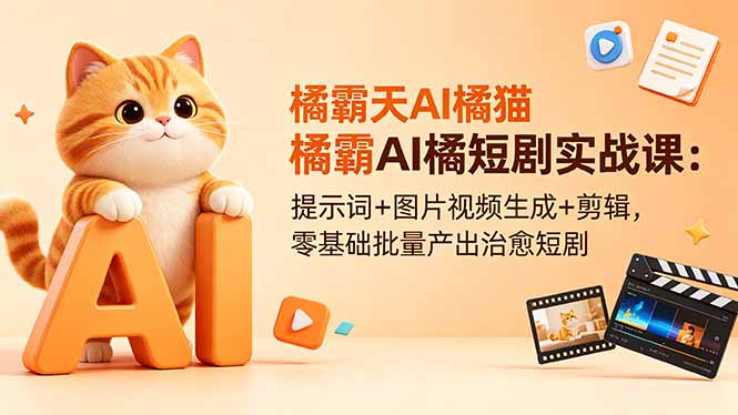 橘霸天AI橘猫短剧实战课:提示词+图片视频生成+剪辑,零基础批量产出治愈短剧-紫橙资源网