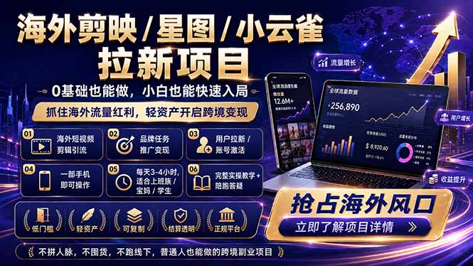 海外剪映 / 星图 / 小云雀拉新项目 普通人也能上手的跨境流量变现副业-紫橙资源网