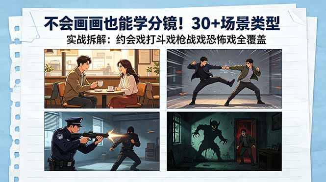 不会画画也能学分镜！30+场景类型实战拆解：约会戏打斗戏枪战戏恐怖戏全覆盖-紫橙资源网
