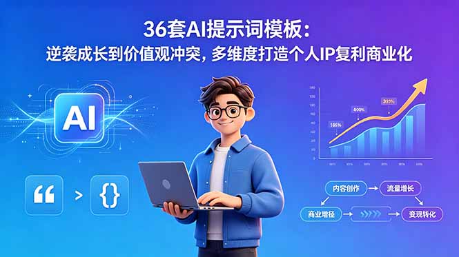 36套AI提示词模板:逆袭成长到价值观冲突,多维度打造个人IP复利商业化-紫橙资源网