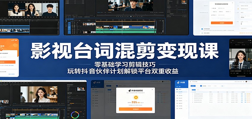影视台词混剪变现课:零基础学习剪辑技巧,玩转抖音伙伴计划解锁平台双重收益-紫橙资源网