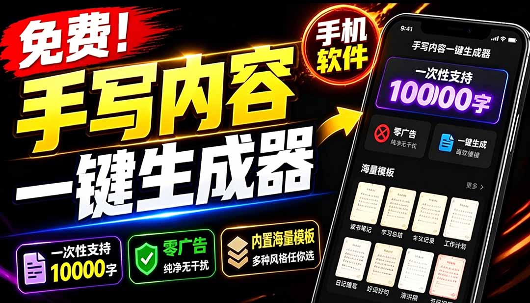 超逼真手写字体一键生成器,纯免费离线运行,一次性支持10000字,零广告,内置海量模板-紫橙资源网
