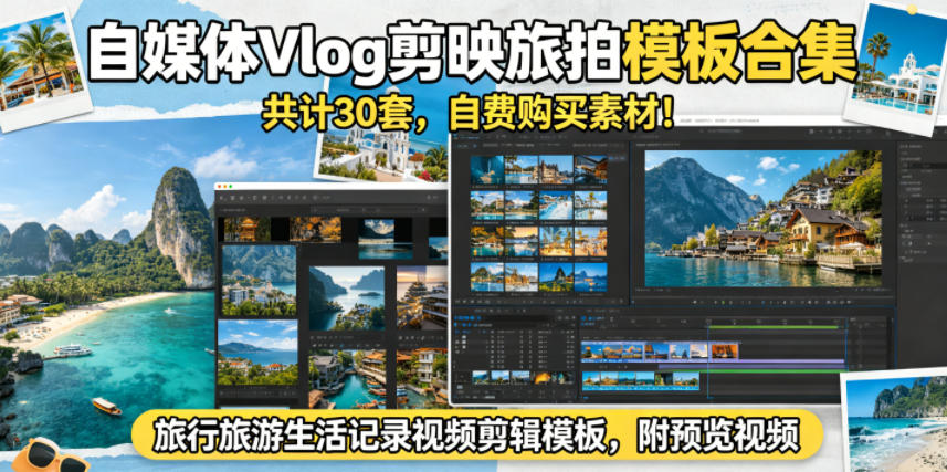 自媒体Vlog剪映旅拍模板合集,共计30套,自费购买素材!旅行旅游生活记录视频剪辑模板,附预览视频-紫橙资源网