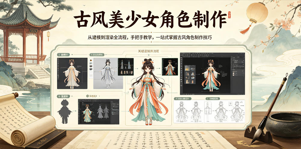 古风美少女角色制作,从建模到渲染全流程,手把手教学,一站式掌握古风角色制作技巧-紫橙资源网