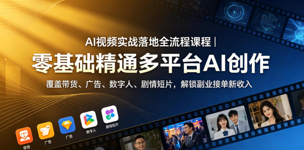 AI视频实战落地全流程课程|零基础精通多平台AI创作,覆盖带货、广告、数字人、剧情短片,解锁副业接单新收入-紫橙资源网