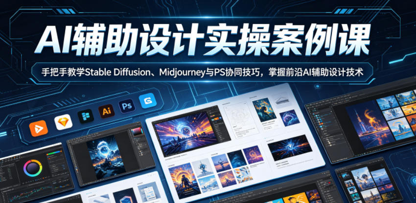 AI辅助设计实操案例课,手把手教学Stable Diffusion、Midjourney与PS协同技巧,掌握前沿AI辅助设计技术-紫橙资源网