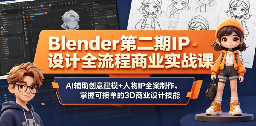 Blender第二期IP设计全流程商业实战课,AI辅助创意建模+人物IP全案制作,掌握可接单的3D商业设计技能-紫橙资源网