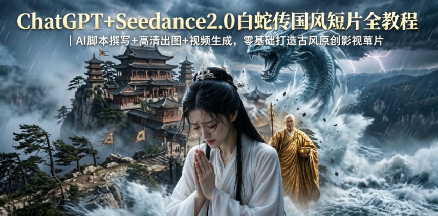 ChatGPT+Seedance2.0白蛇传国风短片全教程|AI脚本撰写+高清出图+视频生成,零基础打造古风原创影视短片-紫橙资源网