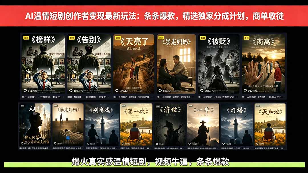 AI温情短剧创作者变现最新玩法：视频牛逼，条条爆款，精选独家分成计划，商单收徒-紫橙资源网