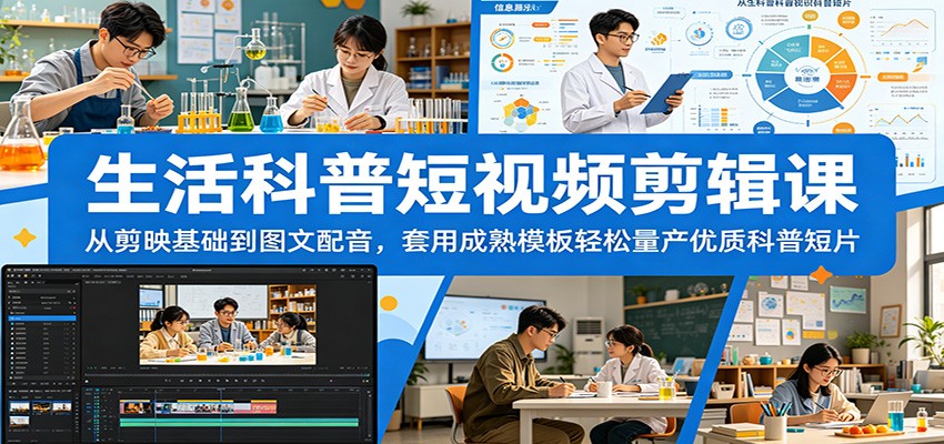 生活科普短视频剪辑课：从剪映基础到图文配音，套用成熟模板轻松量产优质科普短片-紫橙资源网