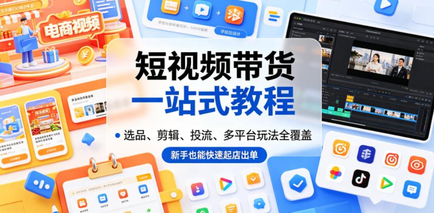 短视频带货一站式教程，选品、剪辑、投流、多平台玩法全覆盖，新手也能快速起店出单-紫橙资源网
