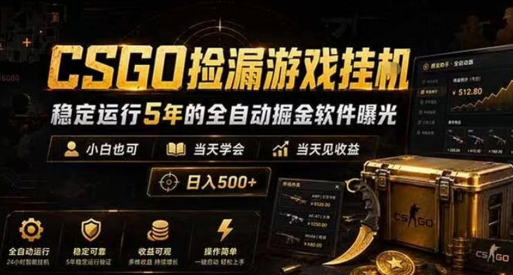 CSGO捡漏游戏挂G，稳定运行5年的全自动掘金软件曝光，小白也可当天学会，当天见收益，日入500+-紫橙资源网