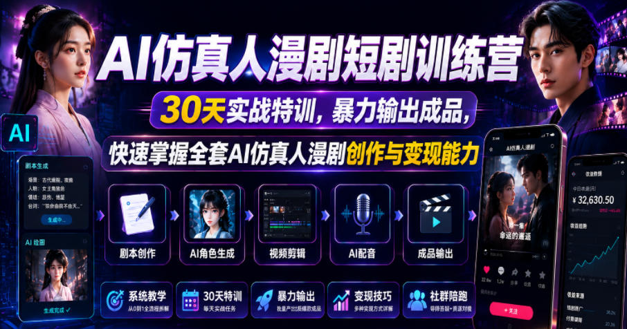 AI仿真人漫剧短剧训练营，30天实战特训，暴力输出成品，快速掌握全套AI仿真人漫剧创作与变现能力-紫橙资源网