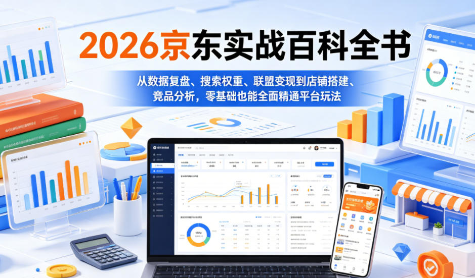 2026京东实战百科全书，从数据复盘、搜索权重、联盟变现到店铺搭建、竞品分析，零基础也能全面精通平台玩法-紫橙资源网
