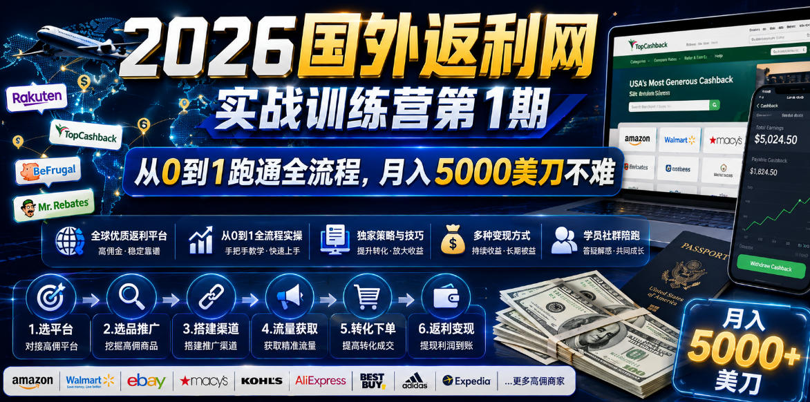 2026年国外返利网实战训练营第1期,从0到1跑通全流程,月入5000美刀不难-紫橙资源网