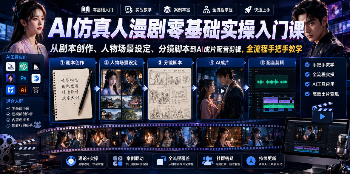 AI仿真人漫剧零基础实操入门课,从剧本创作、人物场景设定、分镜脚本到AI成片配音剪辑,全流程手把手教学-紫橙资源网