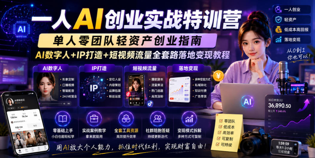 一人AI创业实战特训营,单人零团队轻资产创业指南,AI数字人+IP打造+短视频流量全套路落地变现教程-紫橙资源网