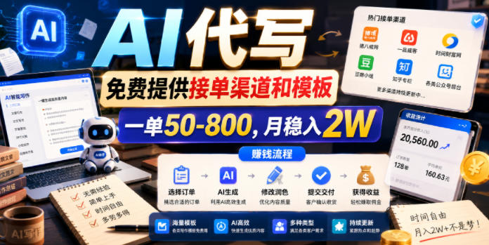 AI代写,免费提供接单渠道和模板,一单50-800,月稳入2W-紫橙资源网