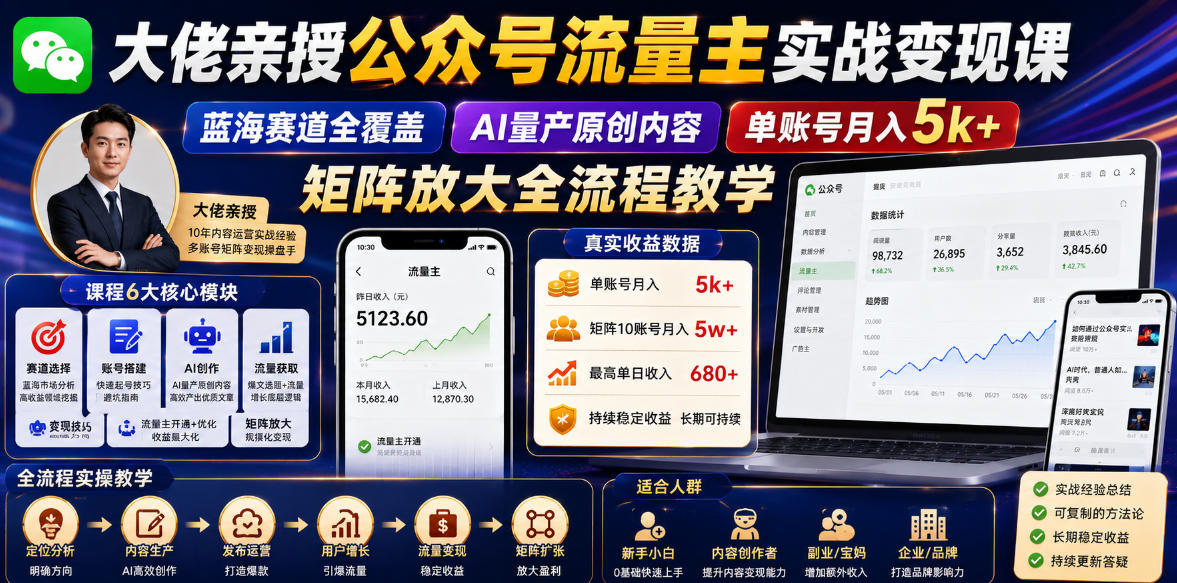 大佬亲授公众号流量主实战变现课,蓝海赛道全覆盖,AI量产原创内容,单账号月入5k+矩阵放大全流程教学-紫橙资源网