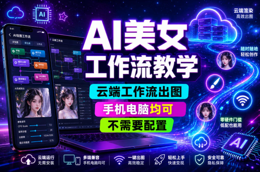 AI美女工作流教学,云端工作流出图,手机电脑均可,不需要配置,快速起号涨粉-紫橙资源网