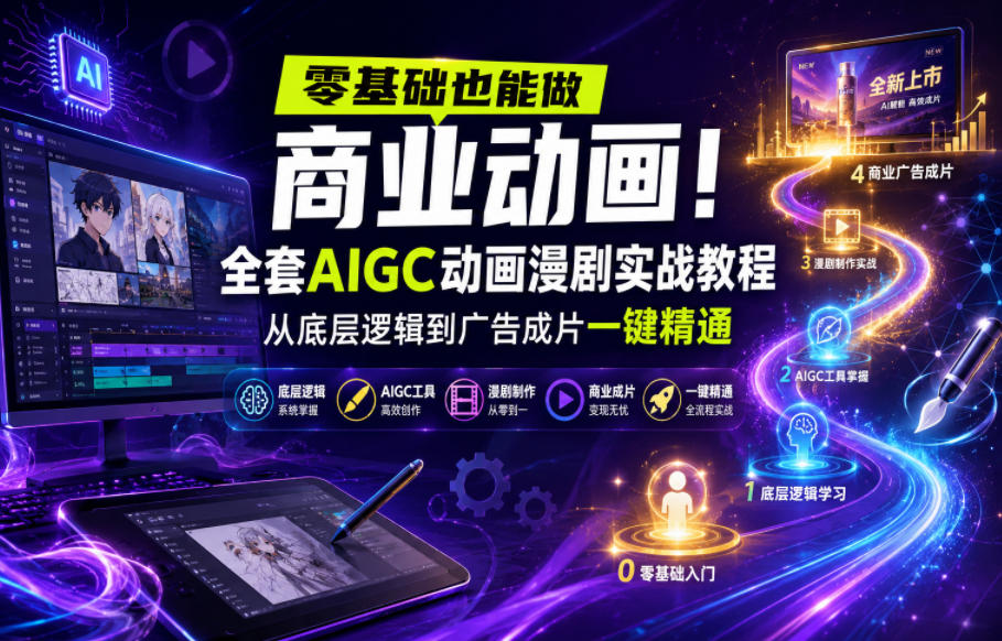 零基础也能做商业动画!全套AIGC动画漫剧实战教程,从底层逻辑到广告成片一键精通-紫橙资源网