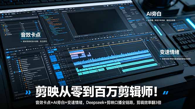 剪映从零到百万剪辑师!音效卡点+AI旁白+变速情绪,Deepseek+剪映口播全链路,剪辑效率翻3倍-紫橙资源网