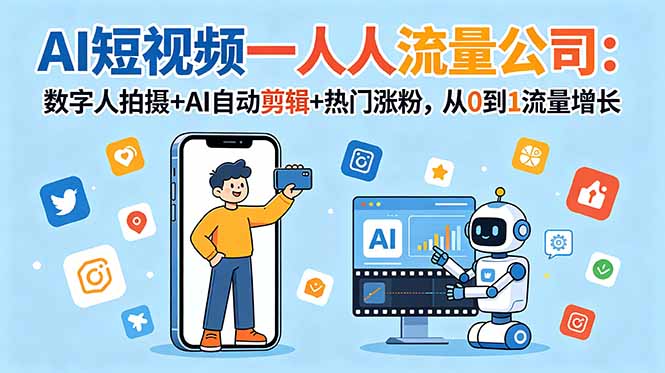 AI短视频一人流量公司:数字人拍摄+AI自动剪辑+热门涨粉,从0到1流量增长-紫橙资源网