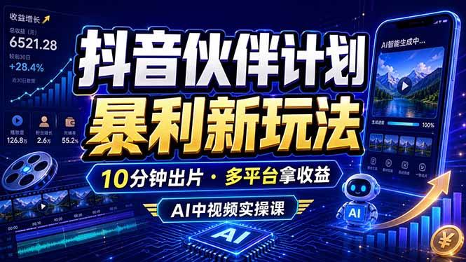 抖音伙伴计划最新玩法,无需配音剪辑,10分钟出一条原创视频,轻松日入三位数-紫橙资源网