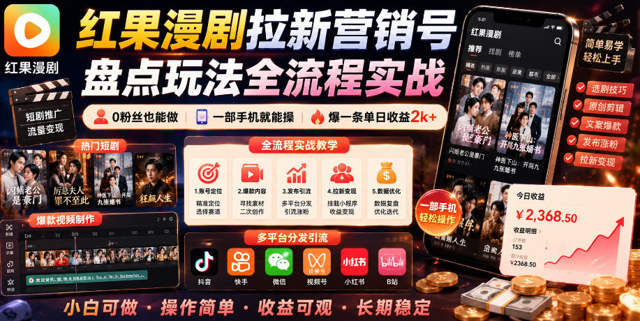 红果漫剧拉新营销号盘点玩法全流程实战,0粉丝也能做,一部手机就能做,爆一条单日收益2k+-紫橙资源网