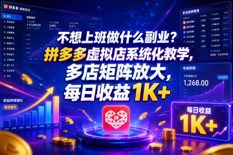 不想上班做什么副业?拼多多虚拟店系统化教学,多店矩阵放大,每日收益1K+-紫橙资源网