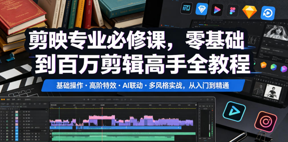 剪映专业必修课,零基础到百万剪辑高手全教程,基础操作・高阶特效・AI联动・多风格实战,从入门到精通-紫橙资源网