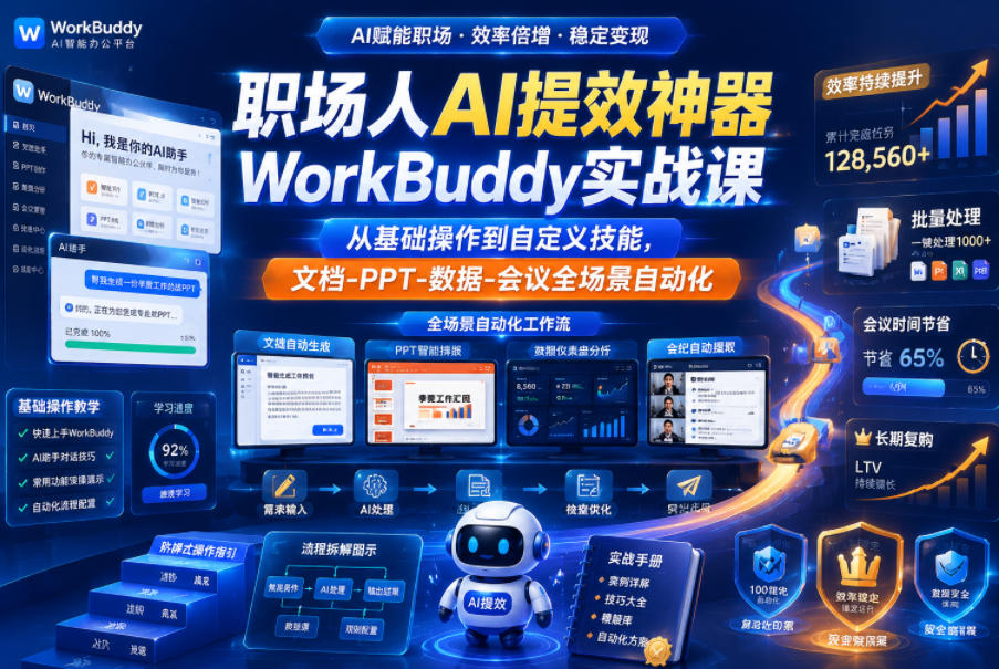 职场人AI提效神器WorkBuddy实战课,从基础操作到自定义技能,文档-PPT-数据-会议全场景自动化-紫橙资源网