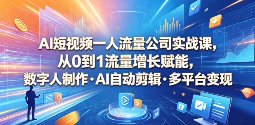 AI短视频一人流量公司实战课,从0到1流量增长赋能,数字人制作・AI自动剪辑・多平台变现,一人做流量生意全落地教程-紫橙资源网