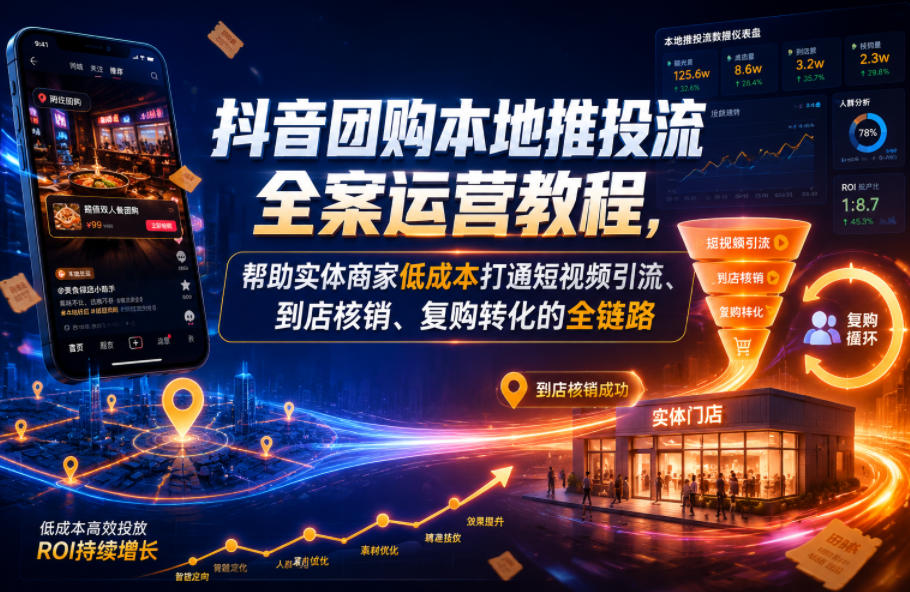 抖音团购本地推投流全案运营教程,帮助实体商家低成本打通短视频引流、到店核销、复购转化的全链路-紫橙资源网