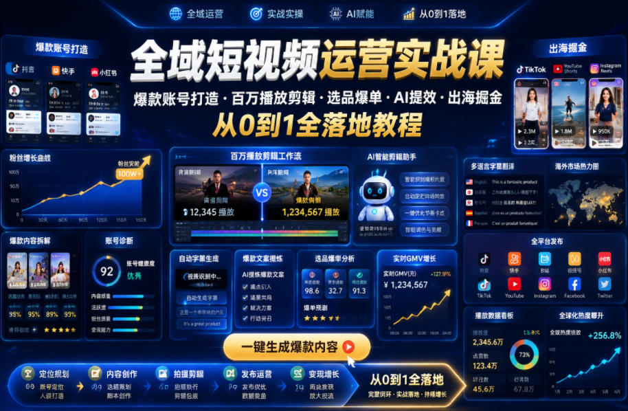 全域短视频运营实战课,爆款账号打造・百万播放剪辑・选品爆单・AI提效・出海掘金,从0到1全落地教程-紫橙资源网