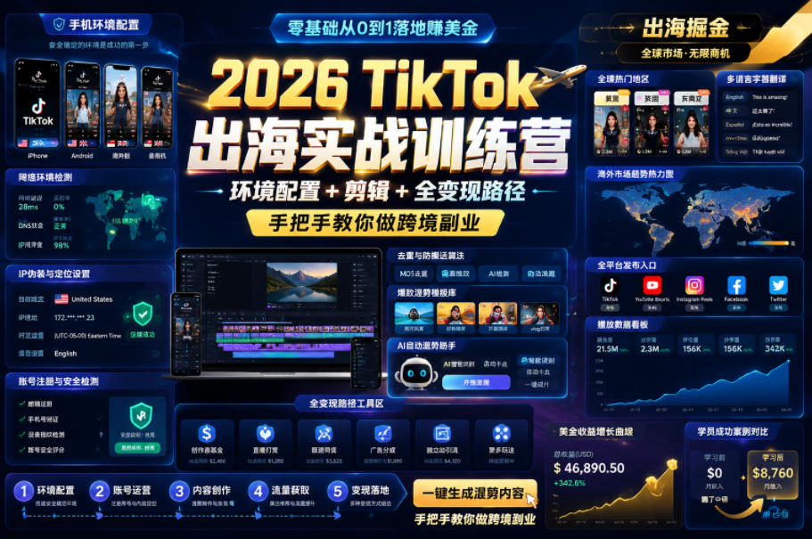 2026 TikTok出海实战训练营,环境配置 + 剪辑 + 全变现路径,手把手教你做跨境副业-紫橙资源网