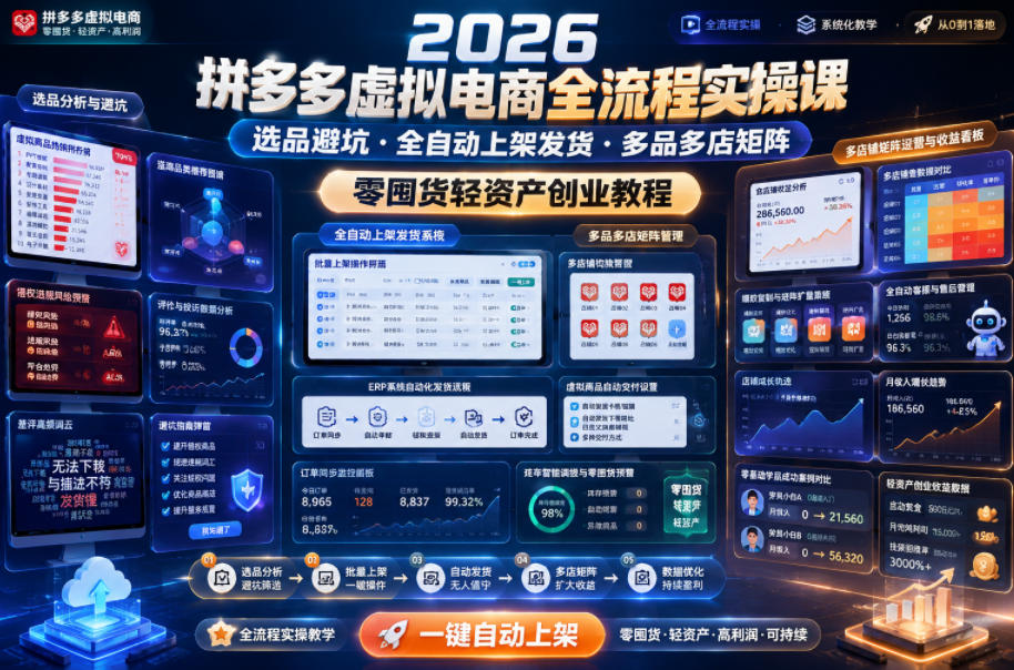 2026拼多多虚拟电商全流程实操课,选品避坑・全自动上架发货・多品多店矩阵,零囤货轻资产创业教程-紫橙资源网