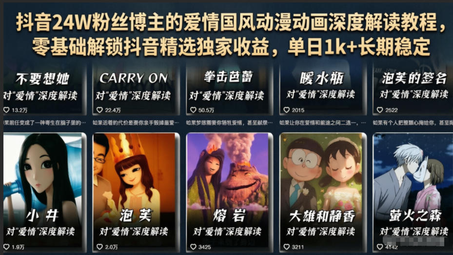 抖音24W粉丝博主的爱情国风动漫动画深度解读教程,零基础解锁抖音精选独家收益,单日1k+长期稳定-紫橙资源网