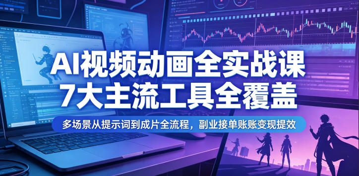 AI视频动画全实战课,7大主流工具全覆盖,多场景从提示词到成片全流程,副业接单账号变现提效-紫橙资源网
