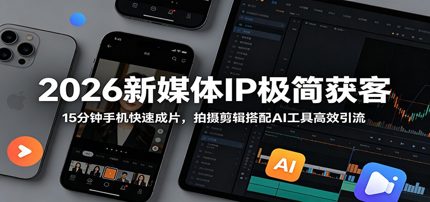 2026新媒体IP极简获客:15分钟手机快速成片,拍摄剪辑搭配AI工具高效引流-紫橙资源网